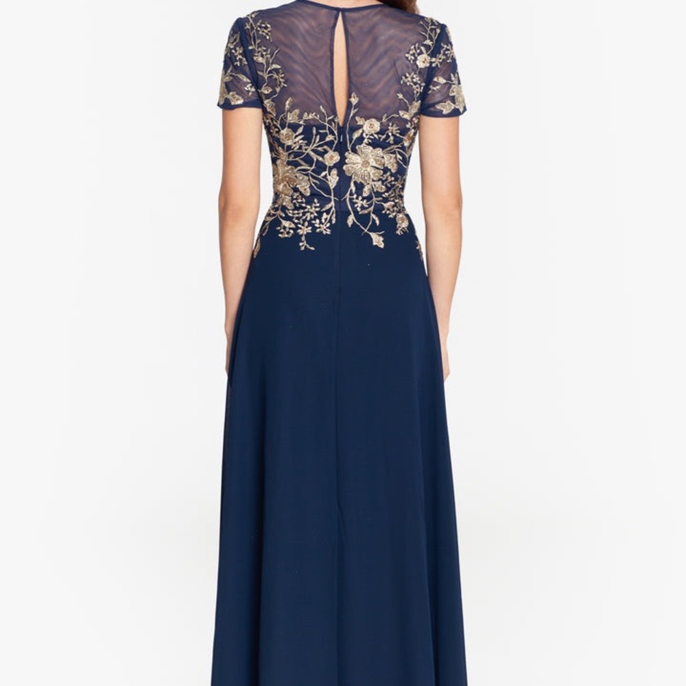 Beautiful Betsy and Adam  "IVANNA" LONG EMBROIDERED MESH CAP SLEEVE DRESS